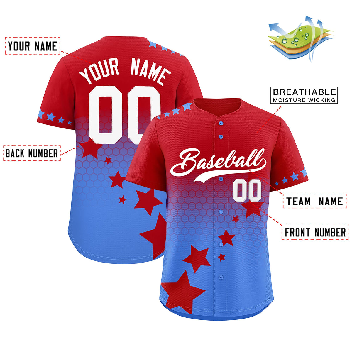 Custom Red Powder Blue White Rising Stars Series Gradient Fashion Baseball Jersey| KXKSHOP