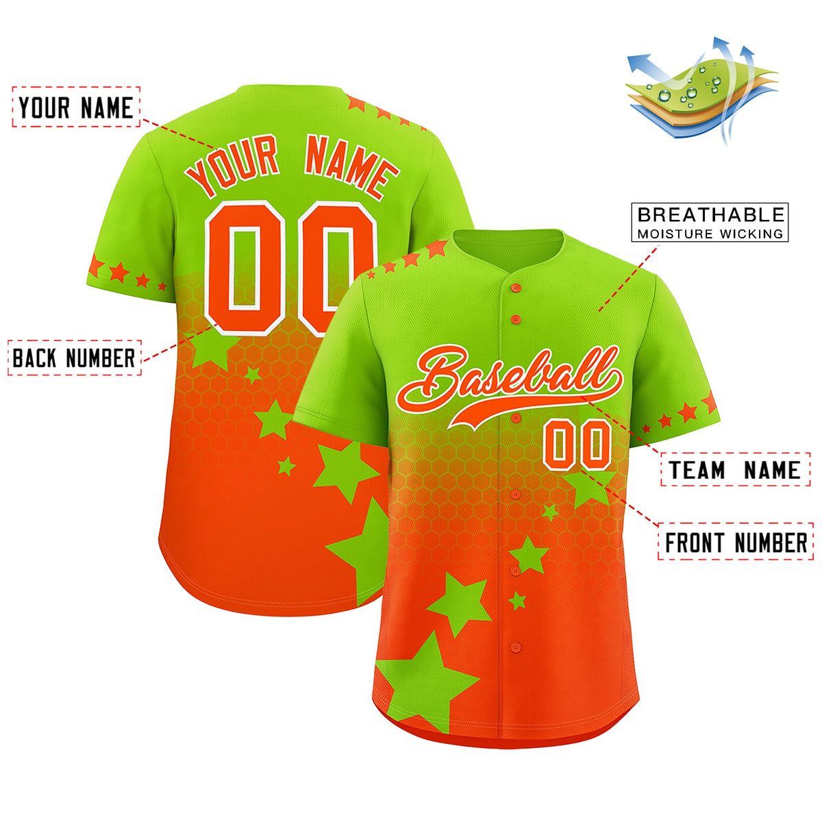 Custom Neon Green Orange White Rising Stars Series Gradient Fashion Baseball Jersey| KXKSHOP