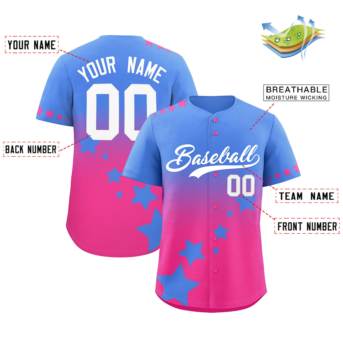 Custom Powder Blue Pink White Rising Stars Series Gradient Fashion Baseball Jersey| KXKSHOP