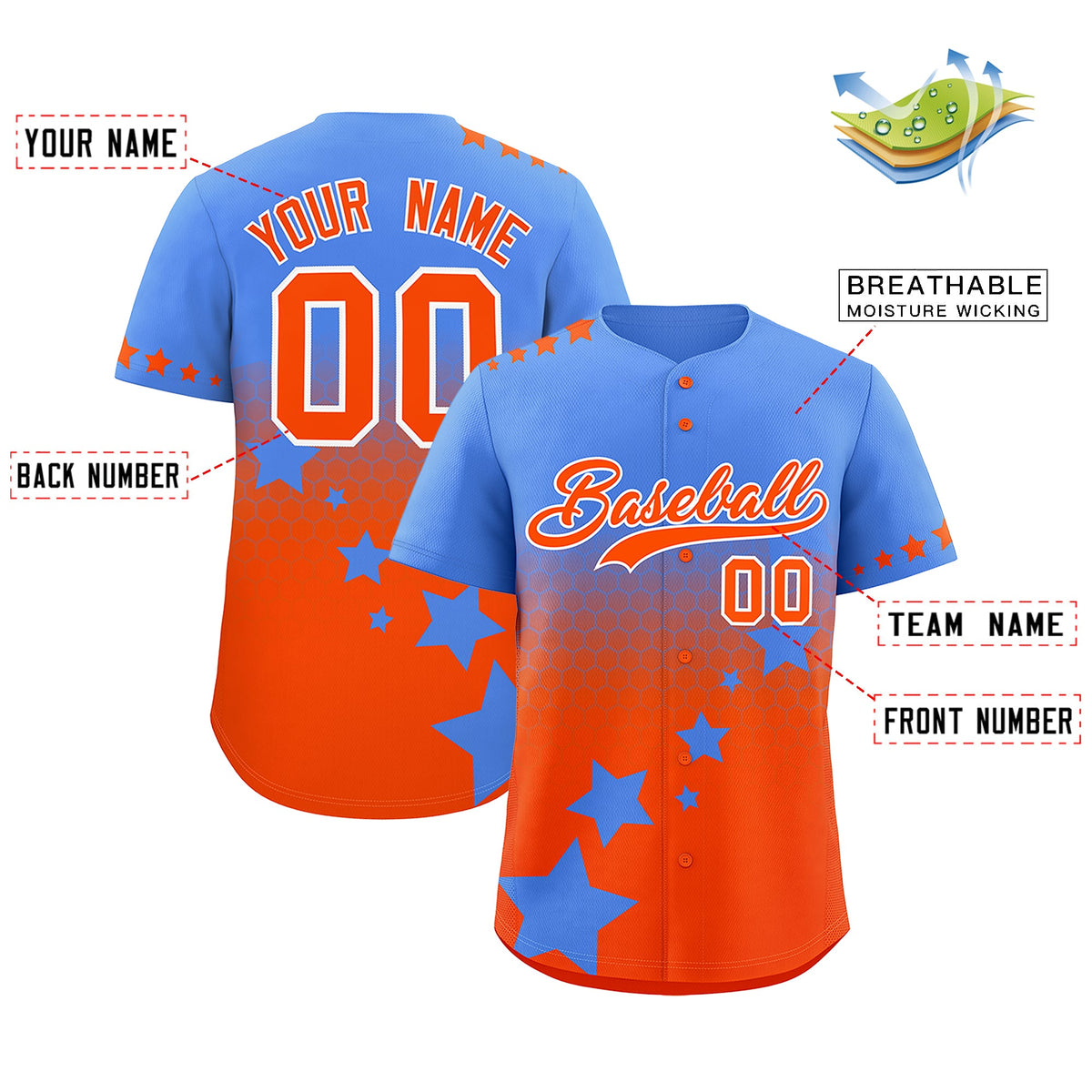 Custom Powder Blue Orange White Rising Stars Series Gradient Fashion Baseball Jersey| KXKSHOP