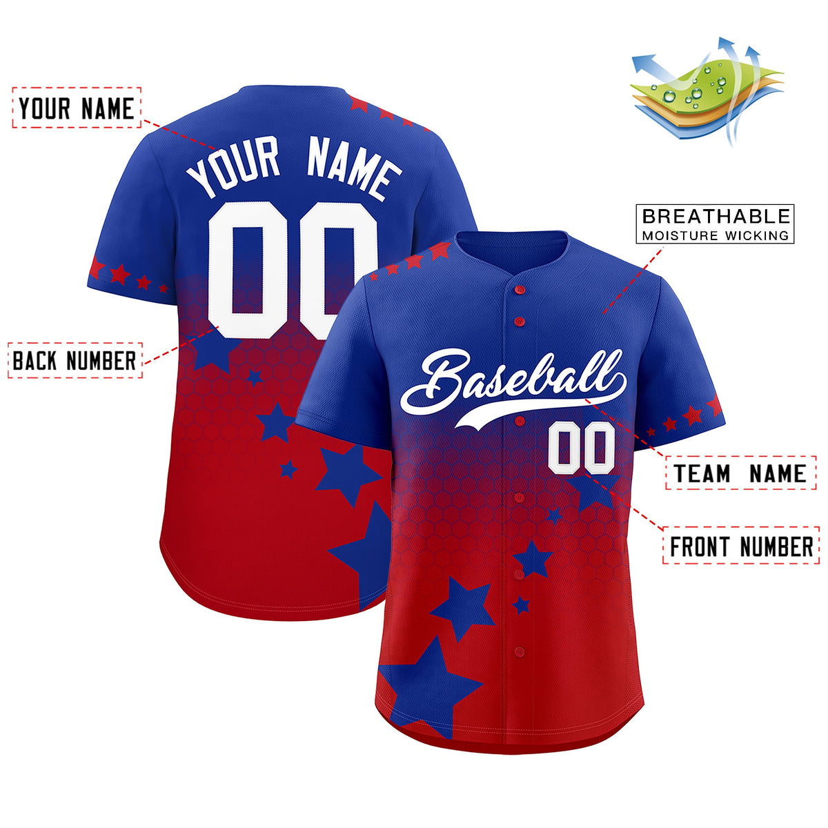 Custom Royal Blue Red White Rising Stars Series Gradient Fashion Baseball Jersey| KXKSHOP