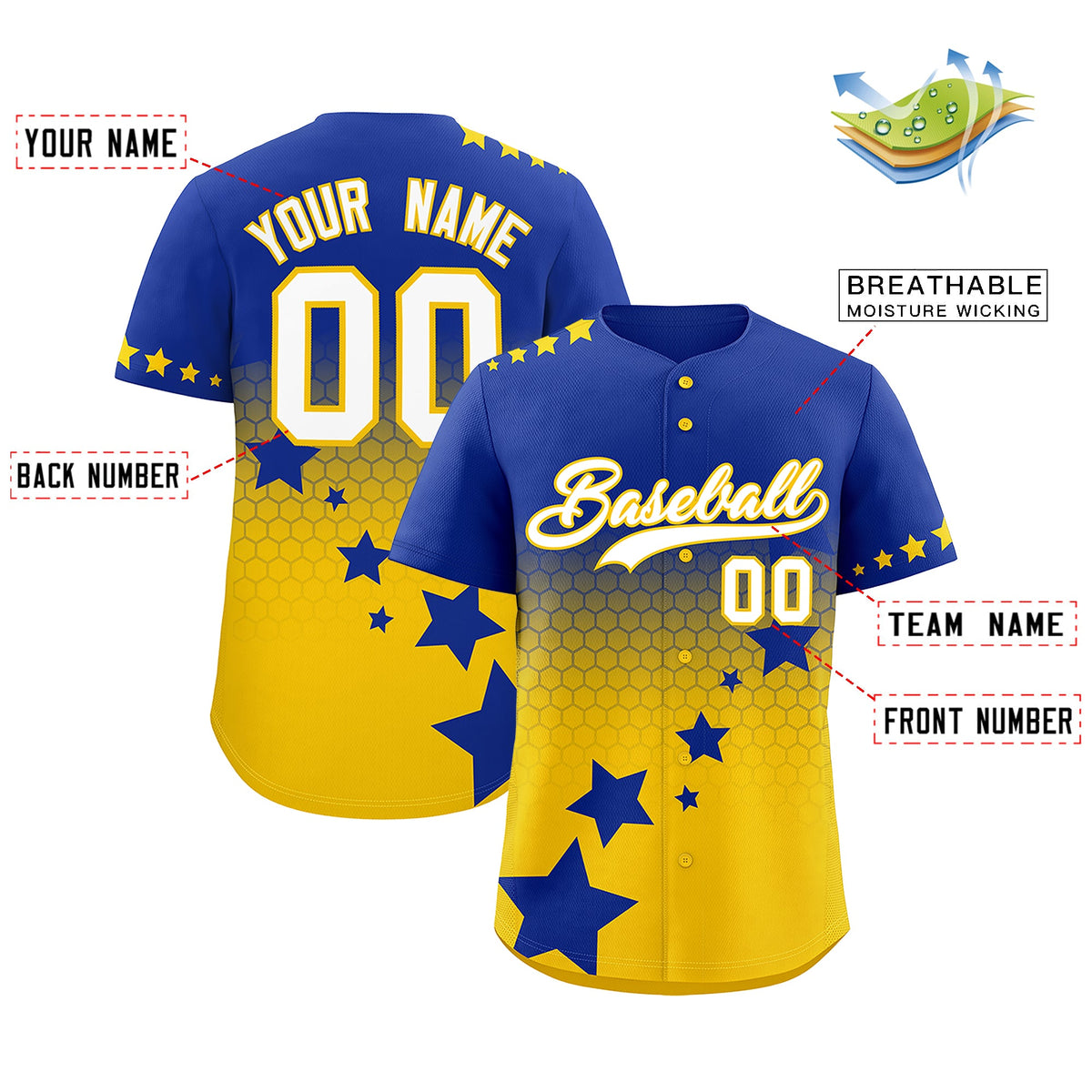 Custom Royal Blue Gold White Rising Stars Series Gradient Fashion Baseball Jersey| KXKSHOP