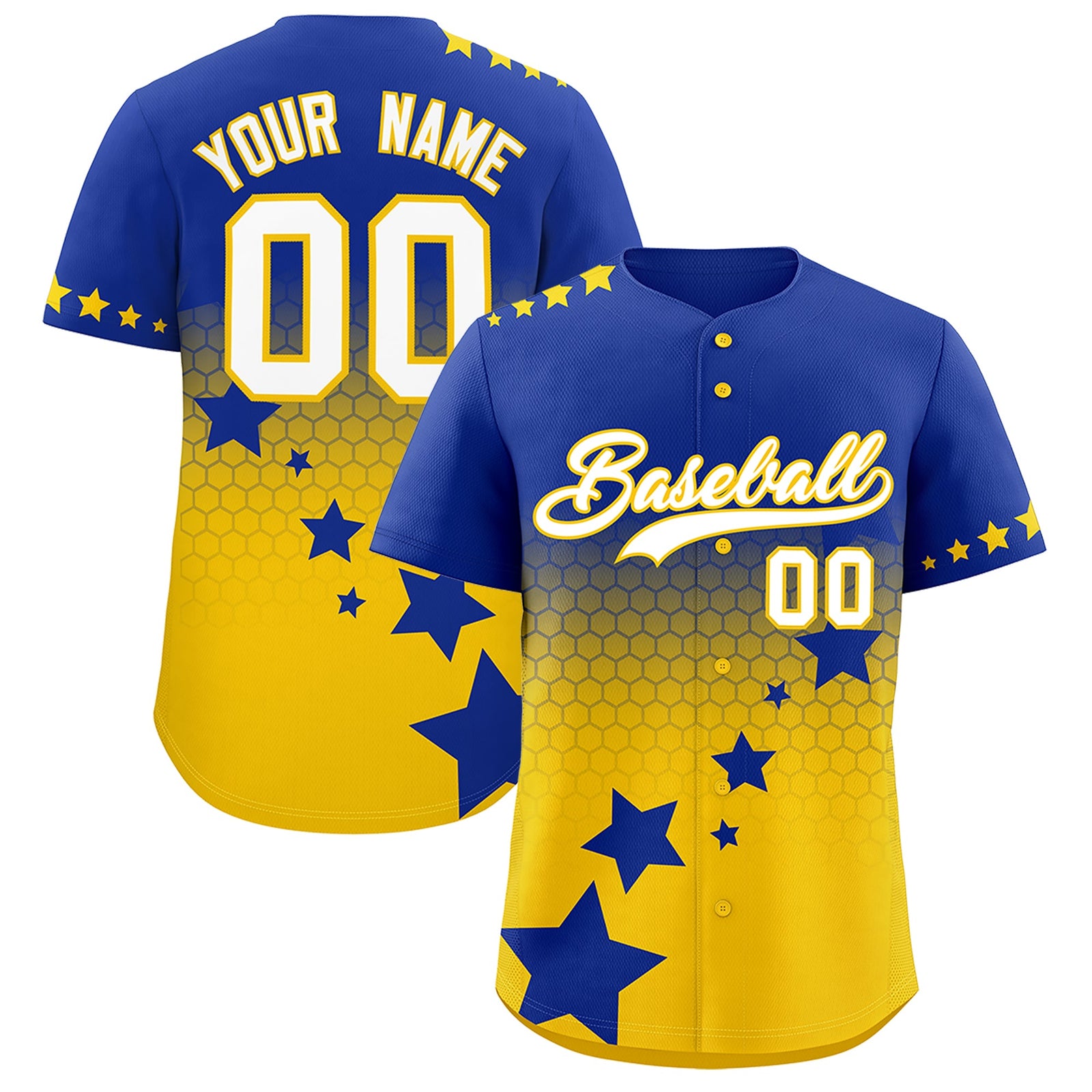 Custom Royal Blue Gold White Rising Stars Series Gradient Fashion Baseball Jersey| KXKSHOP