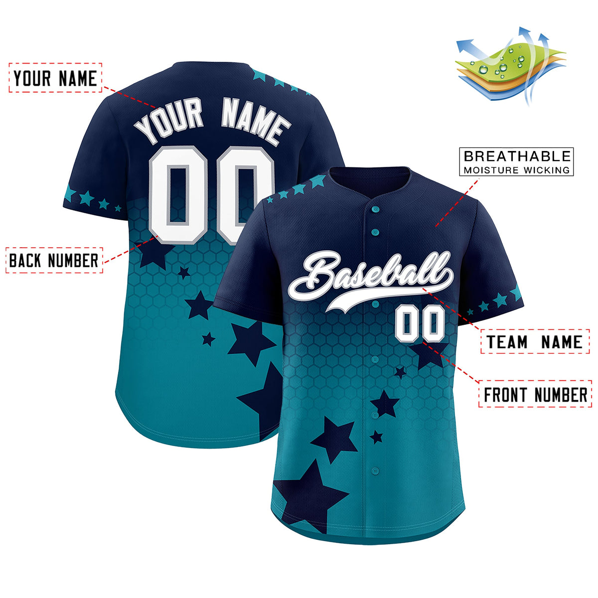 Custom Navy Teal White Rising Stars Series Gradient Fashion Baseball Jersey| KXKSHOP