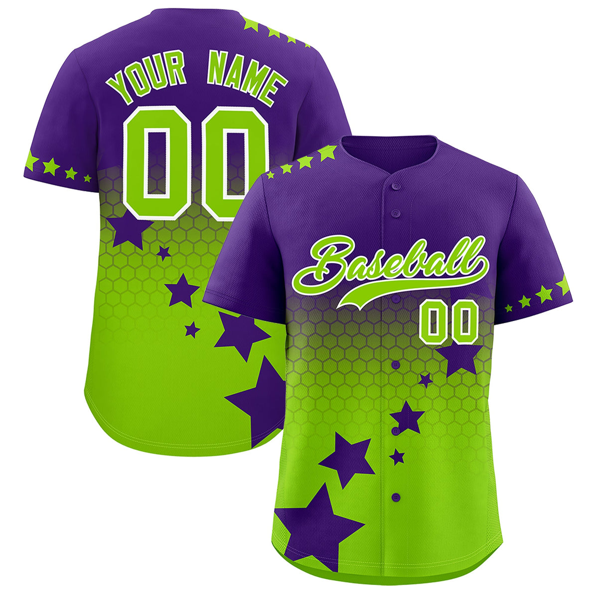 Custom Purple Neon Green White Rising Stars Series Gradient Fashion Baseball Jersey| KXKSHOP