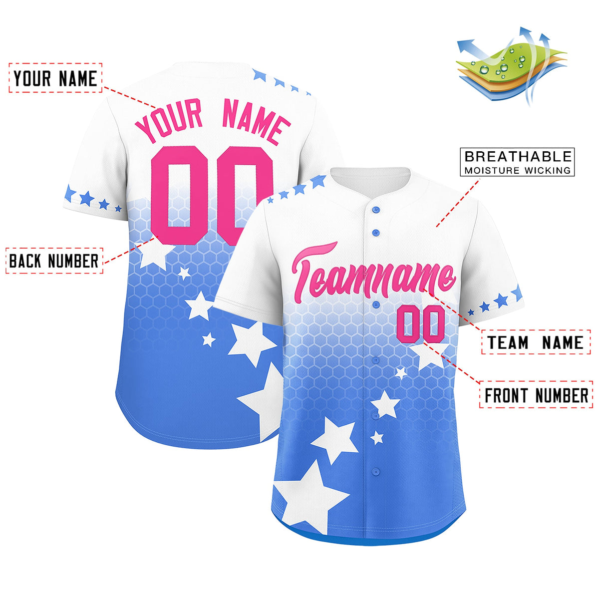 Custom White Powder Blue Pink Rising Stars Series Gradient Fashion Baseball Jersey| KXKSHOP