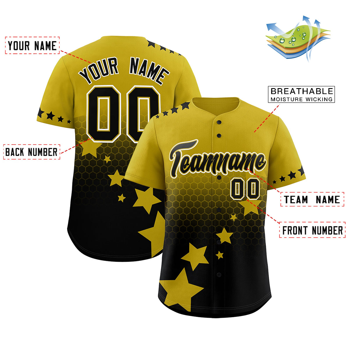 Custom Old Gold Black White Rising Stars Series Gradient Fashion Baseball Jersey| KXKSHOP