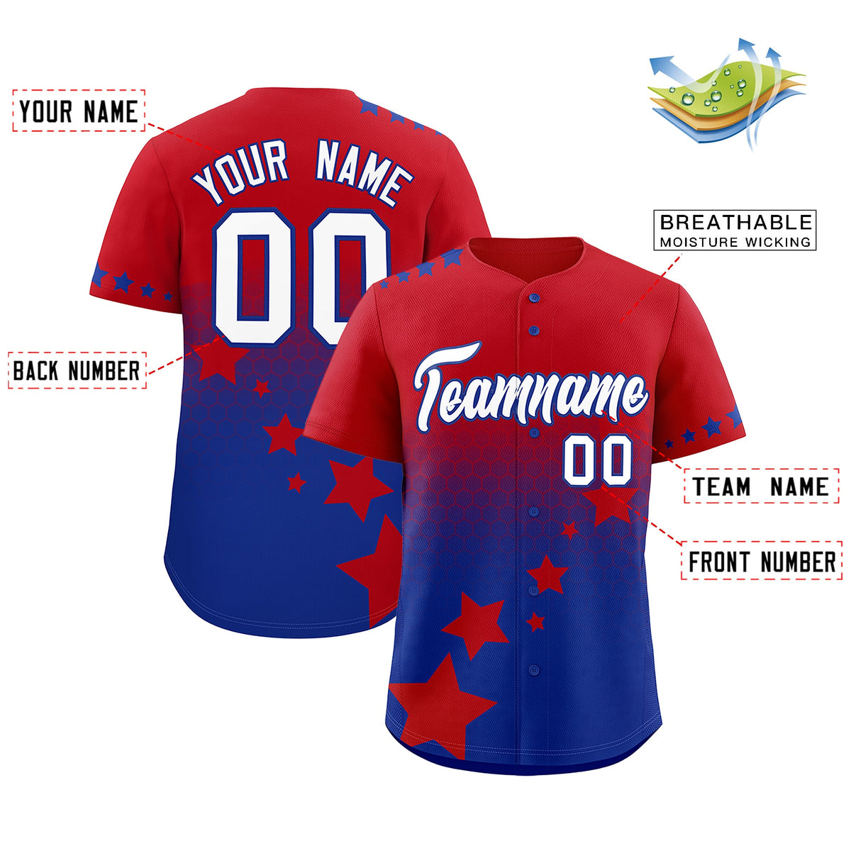Custom Red Royal Blue White Rising Stars Series Gradient Fashion Baseball Jersey| KXKSHOP