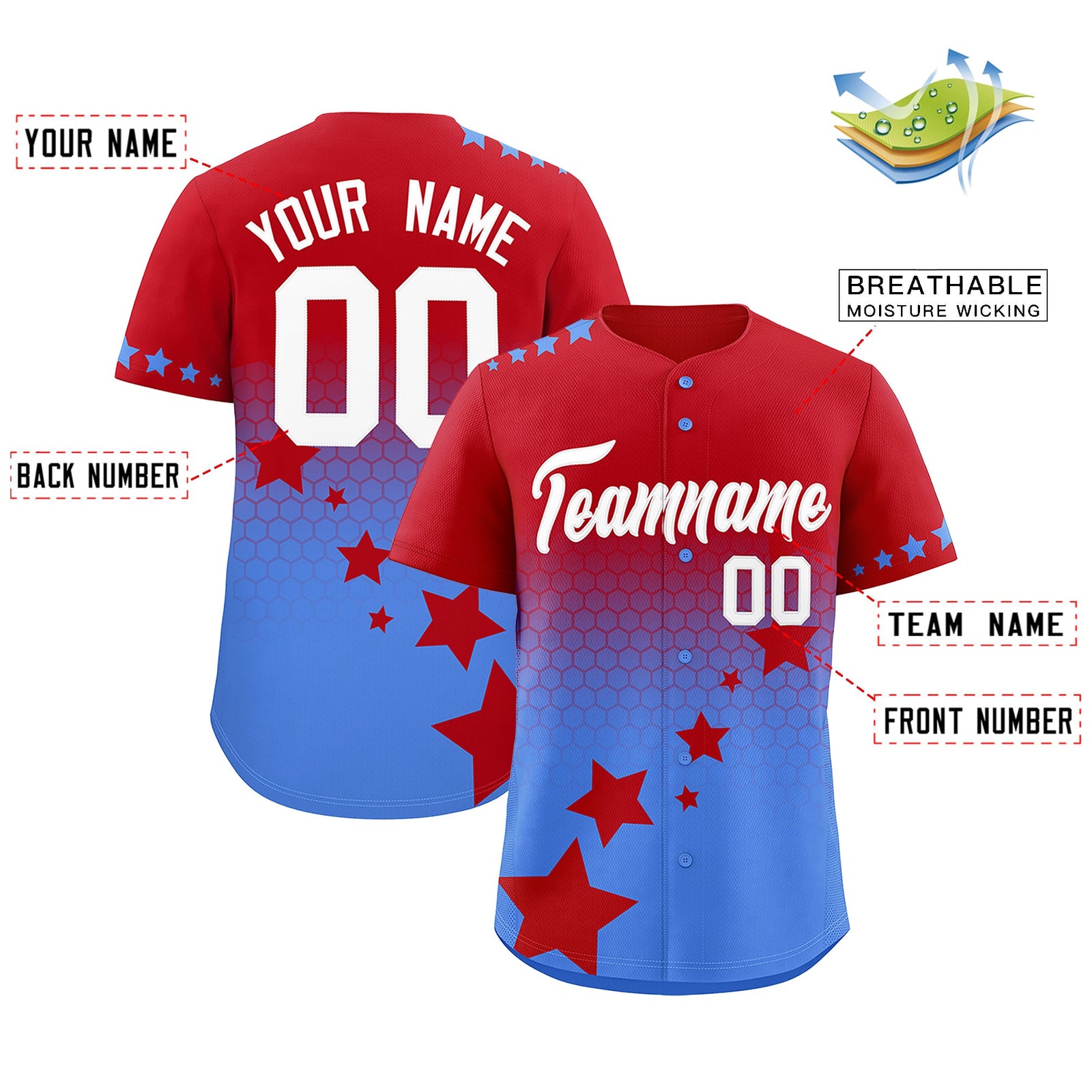 Custom Red Powder Blue White Rising Stars Series Gradient Fashion Baseball Jersey| KXKSHOP