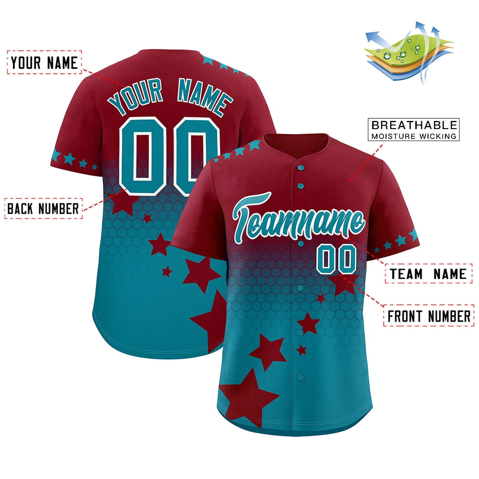 Custom Crimson Teal White Rising Stars Series Gradient Fashion Baseball Jersey| KXKSHOP