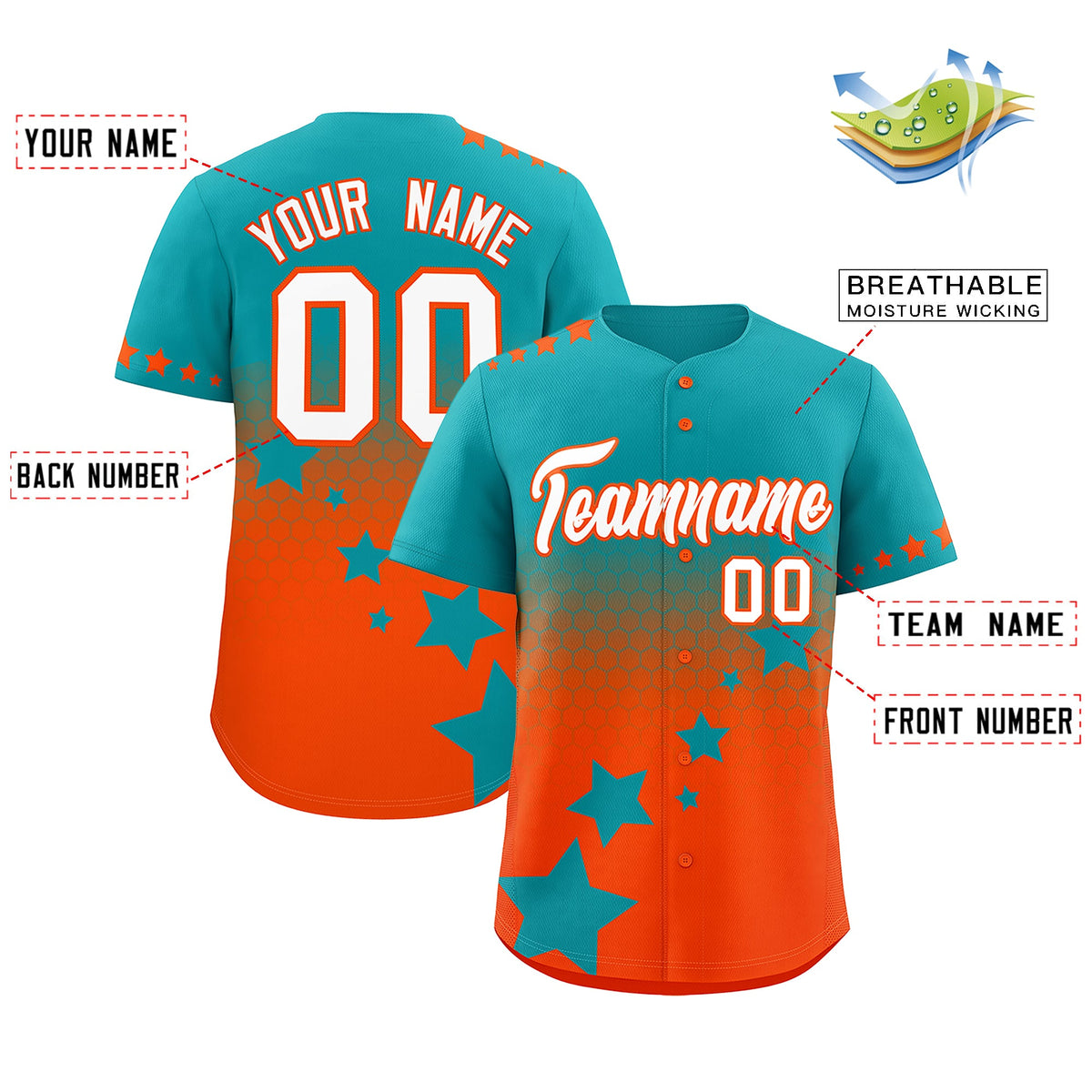 Custom Aqua Orange White Rising Stars Series Gradient Fashion Baseball Jersey| KXKSHOP