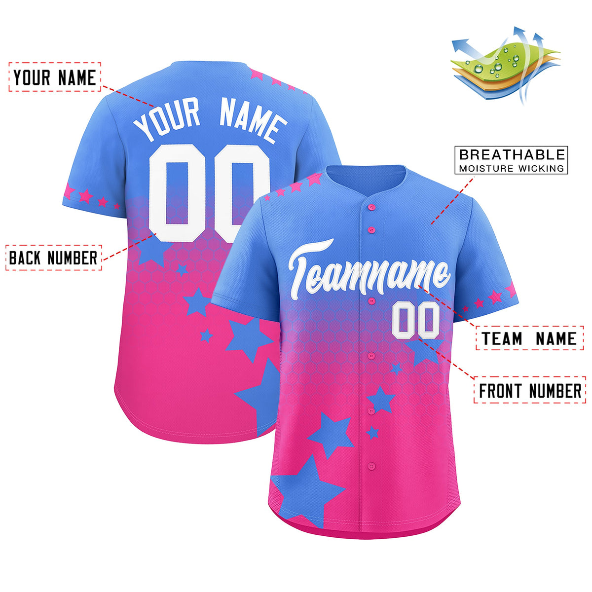 Custom Powder Blue Pink White Rising Stars Series Gradient Fashion Baseball Jersey| KXKSHOP