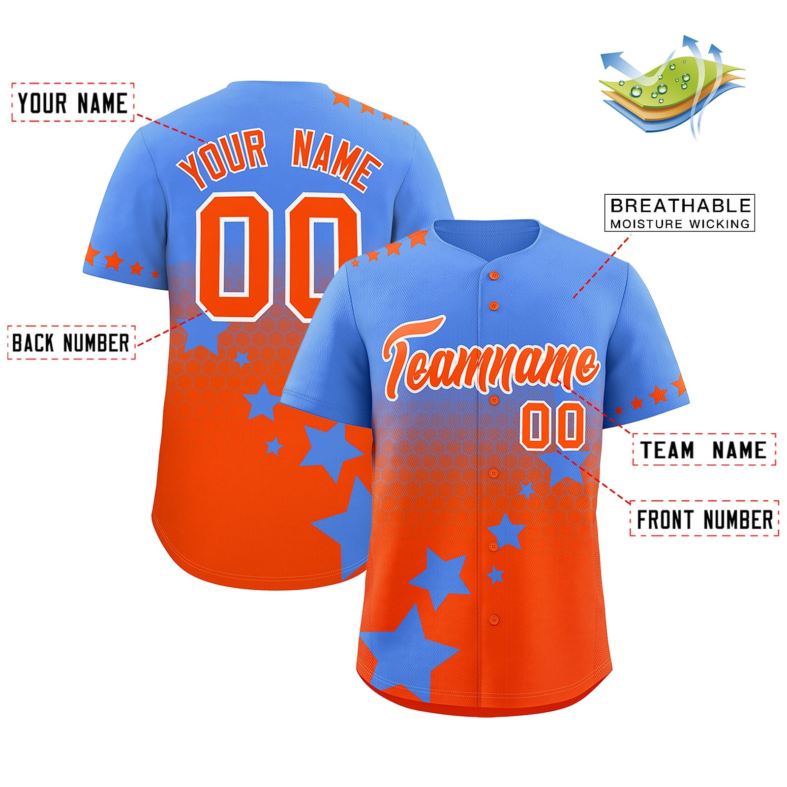 Custom Powder Blue Orange White Rising Stars Series Gradient Fashion Baseball Jersey| KXKSHOP