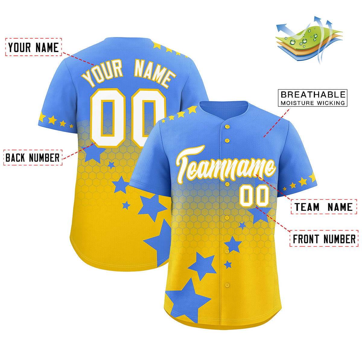 Custom Powder Blue Gold White Rising Stars Series Gradient Fashion Baseball Jersey| KXKSHOP
