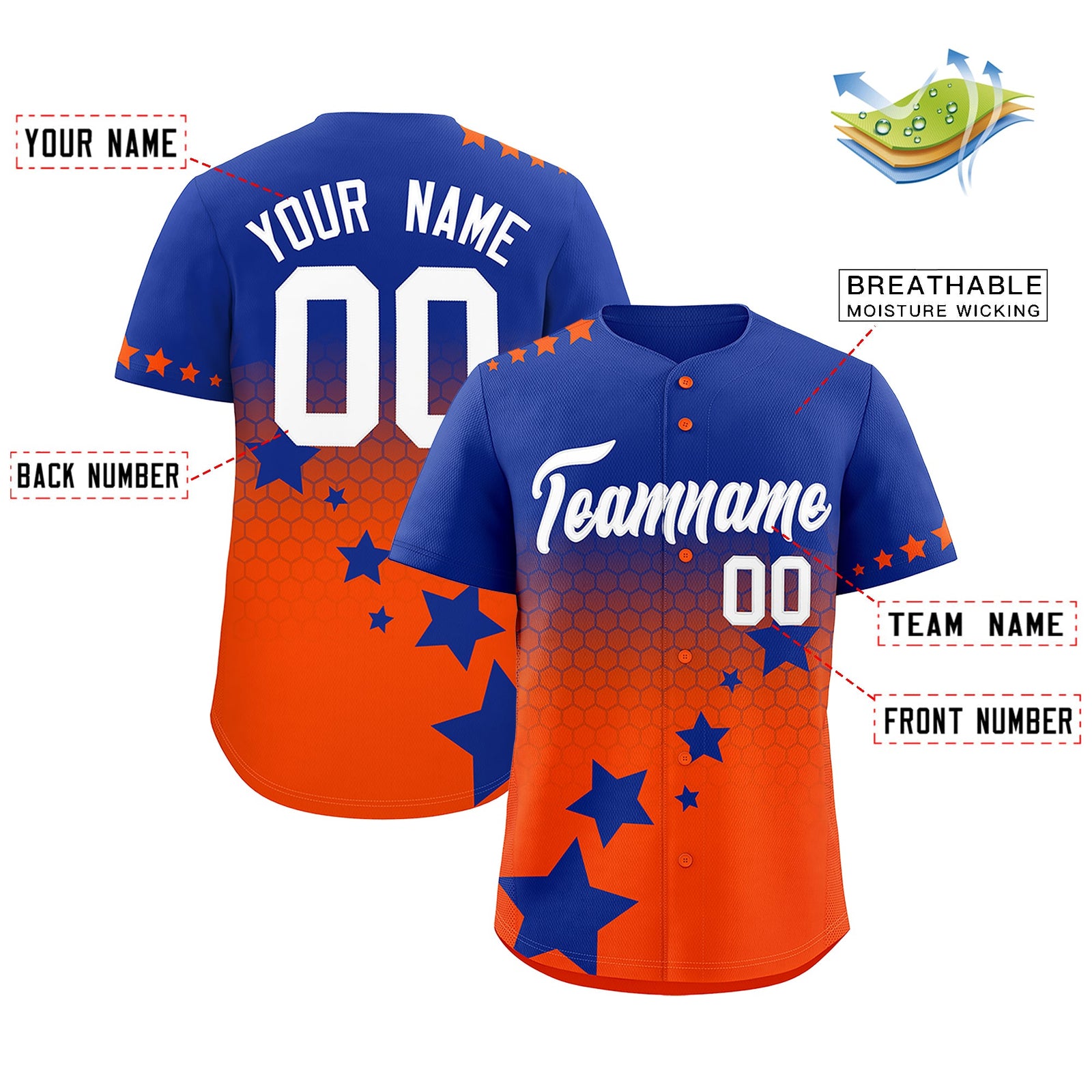 Custom Royal Blue Orange White Rising Stars Series Gradient Fashion Baseball Jersey| KXKSHOP