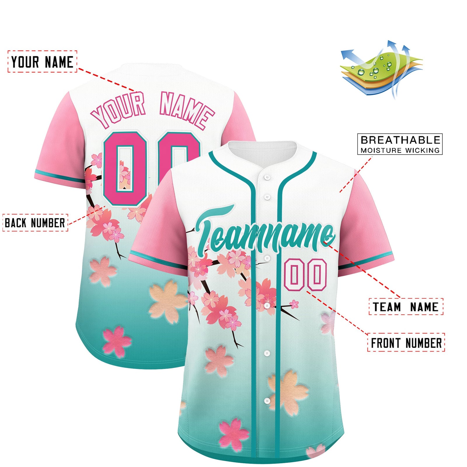 Custom Aqua Pink Gradient Fashion Elastic Baseball Jersey| KXKSHOP