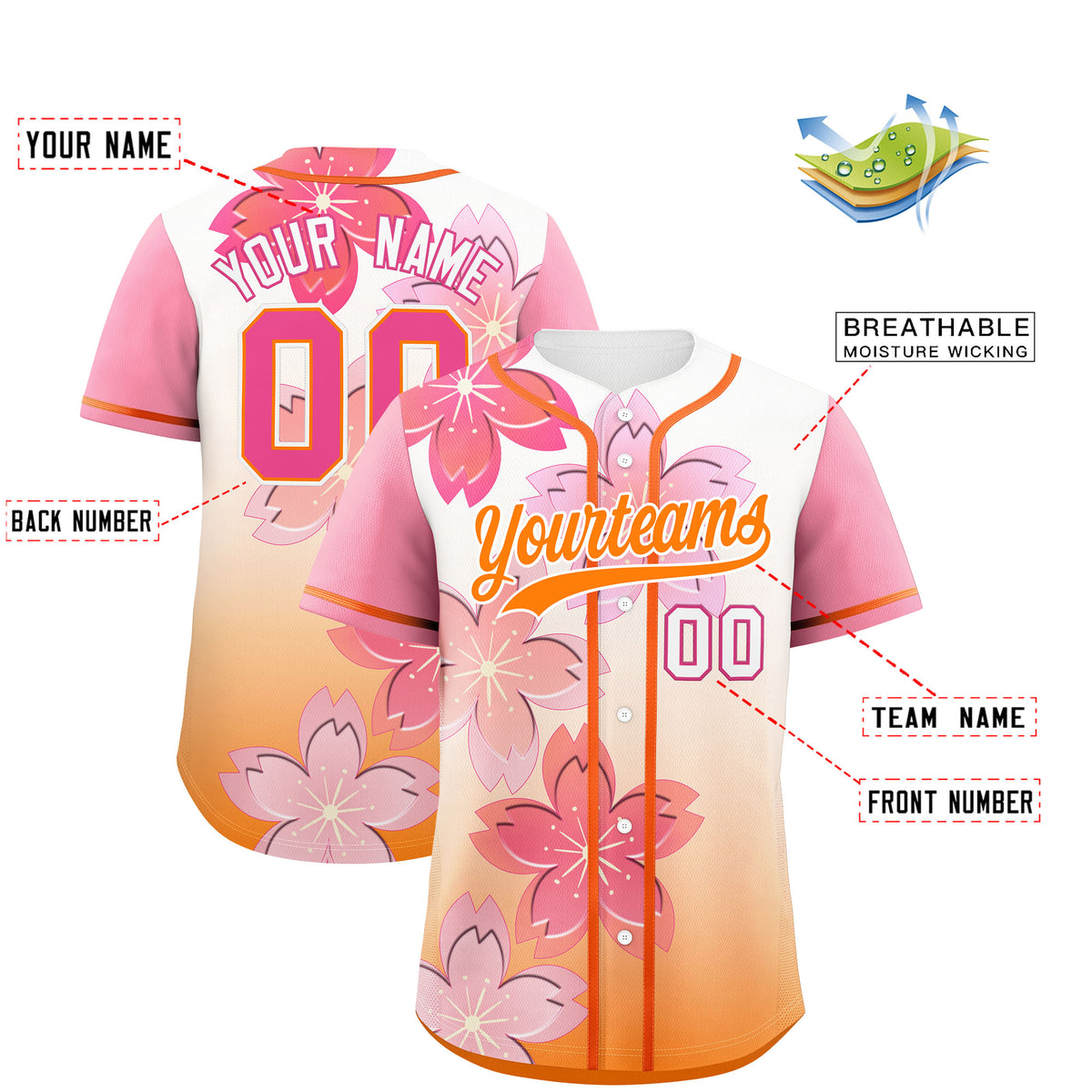 Custom Gold Orange Pink Gradient Fashion Elastic Baseball Jersey| KXKSHOP