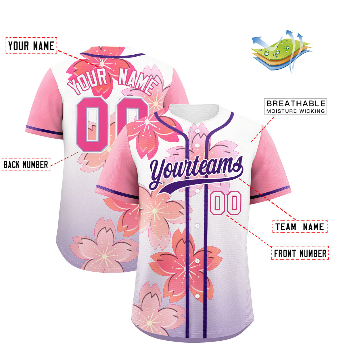Custom Purple Pink Gradient Fashion Elastic Baseball Jersey| KXKSHOP