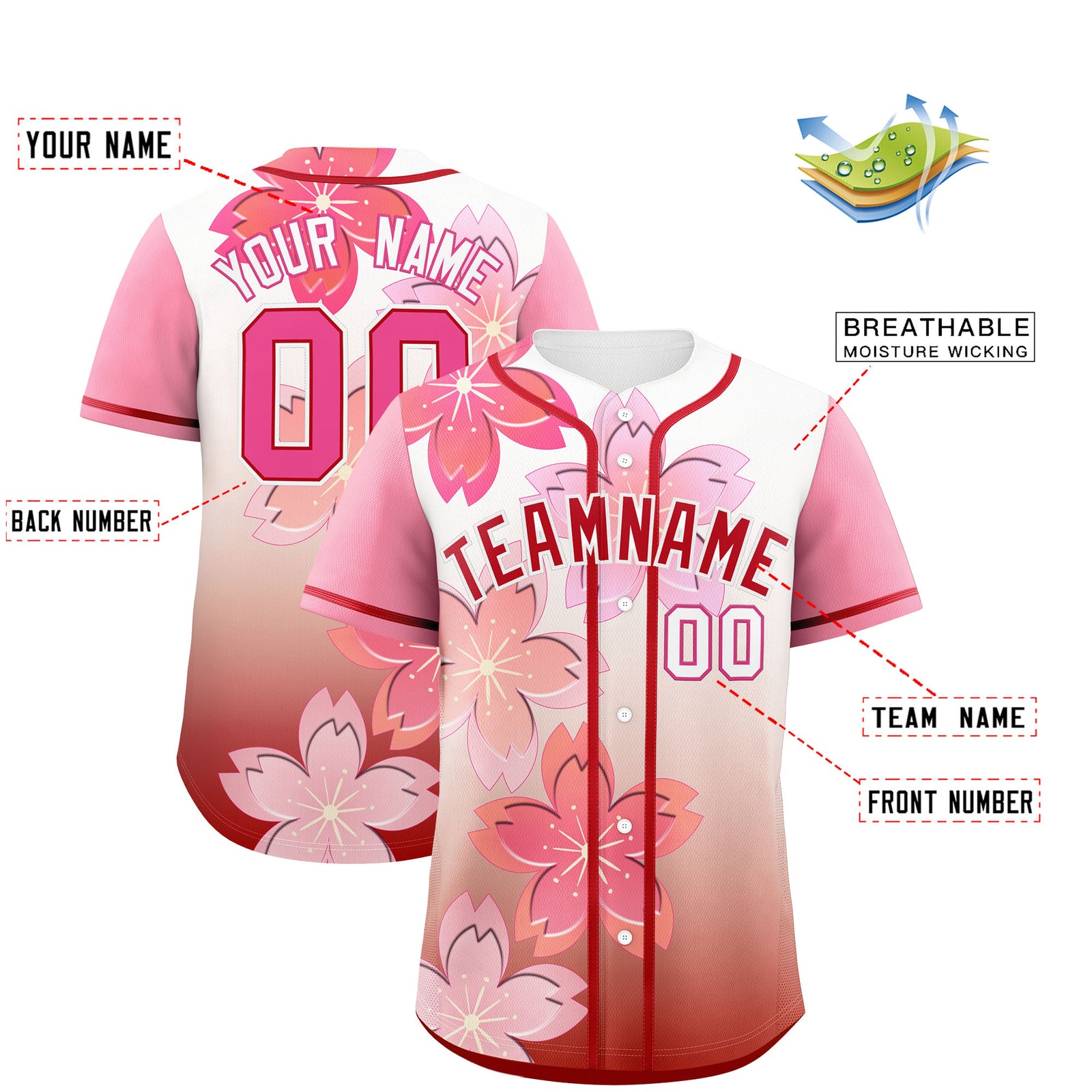Custom Red Pink Gradient Fashion Elastic Baseball Jersey| KXKSHOP