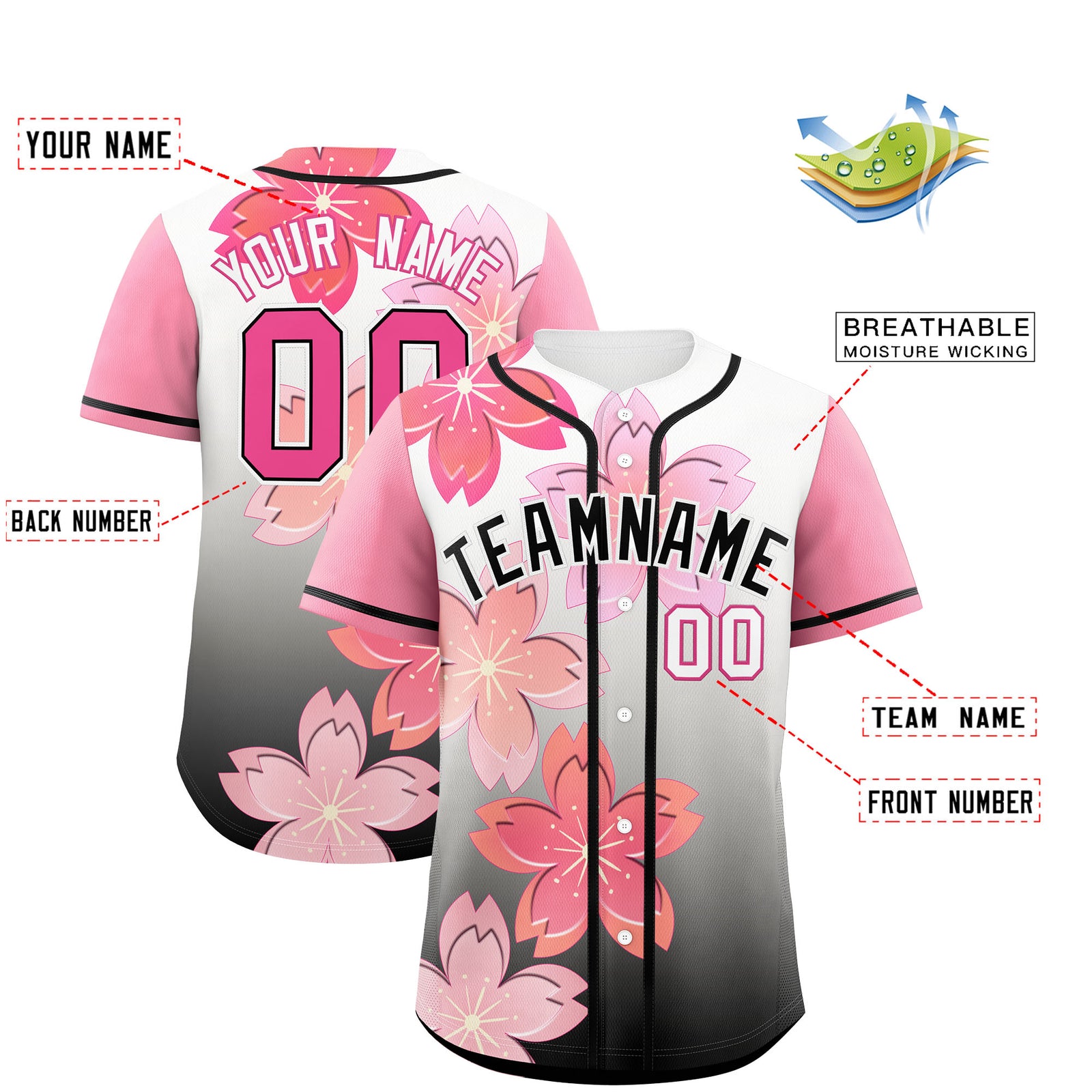Custom Black Pink Gradient Fashion Elastic Baseball Jersey| KXKSHOP
