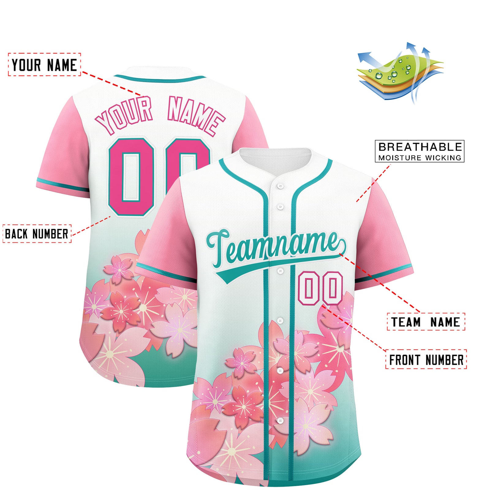 Custom Aqua Pink Gradient Fashion Elastic Baseball Jersey| KXKSHOP