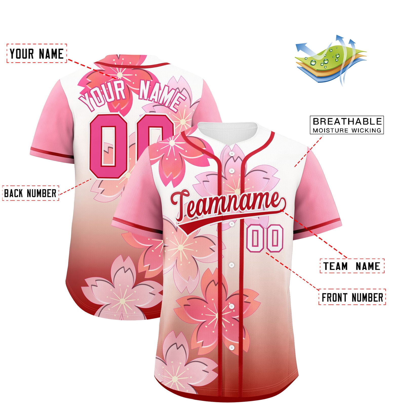 Custom Red Pink Gradient Fashion Elastic Baseball Jersey| KXKSHOP