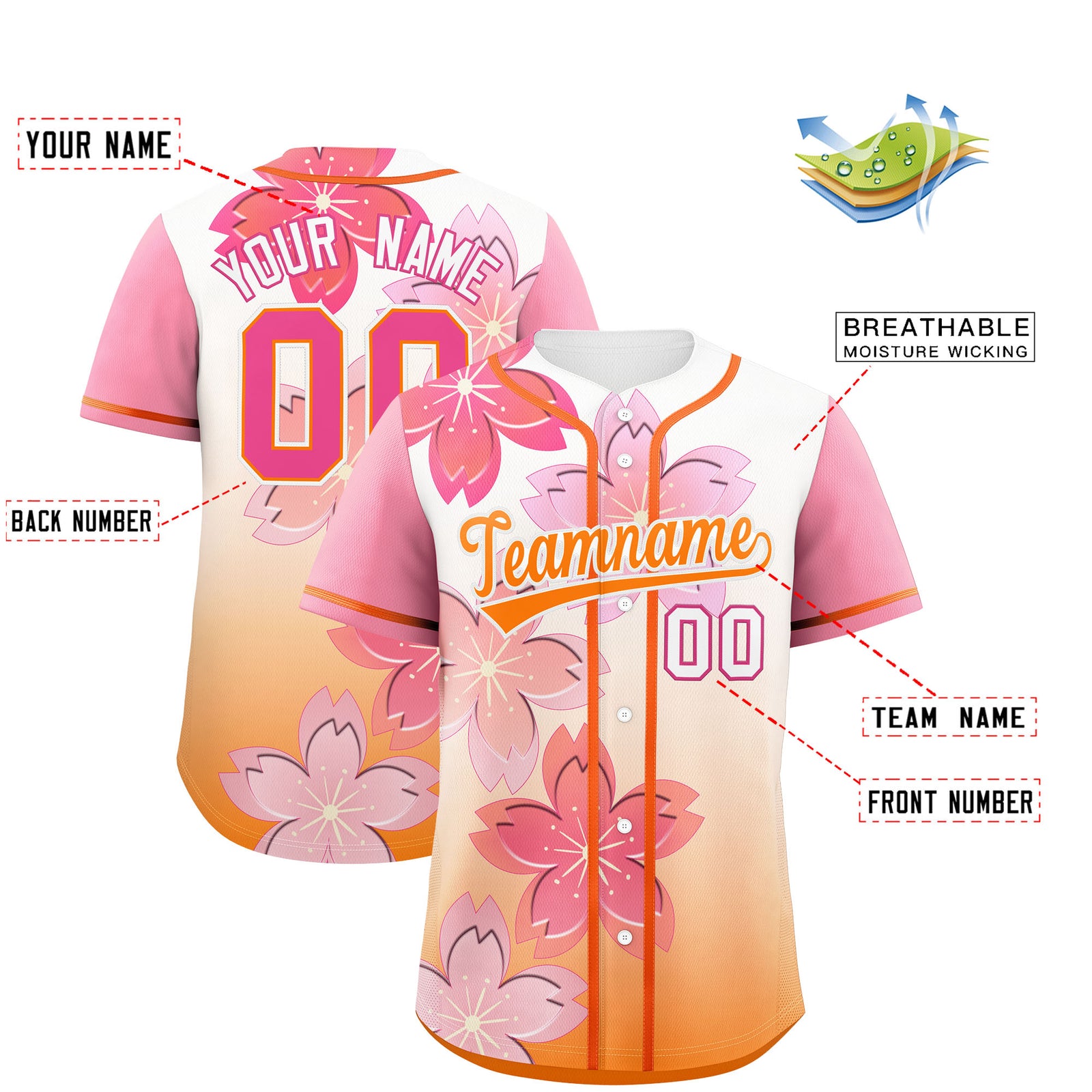 Custom Gold Orange Pink Gradient Fashion Elastic Baseball Jersey| KXKSHOP