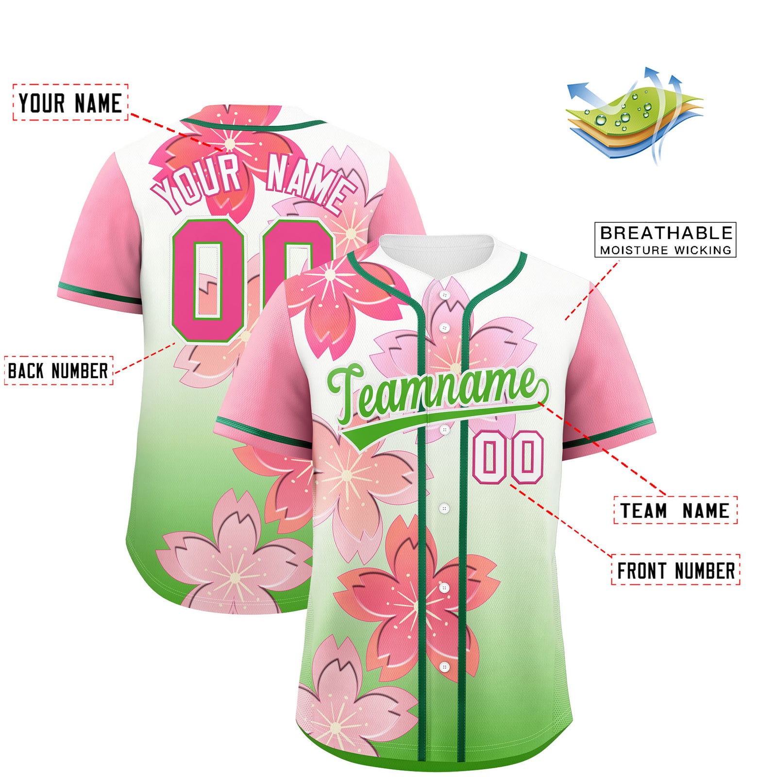 Custom Light Green Pink Gradient Fashion Elastic Baseball Jersey| KXKSHOP