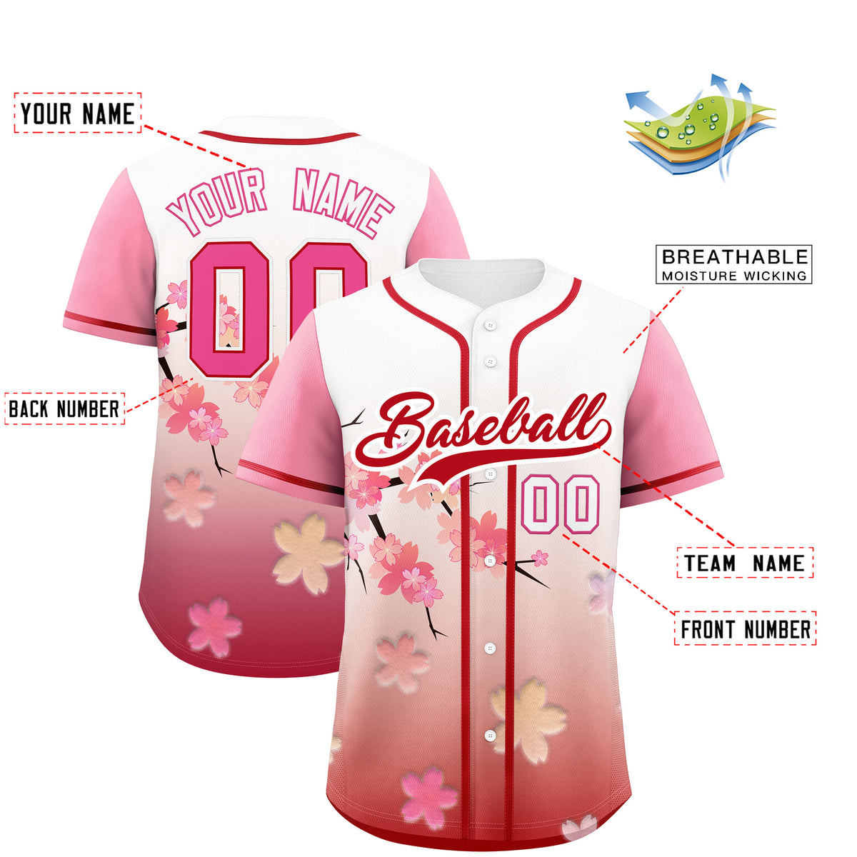 Custom Pink Red Gradient Fashion Elastic Baseball Jersey| KXKSHOP