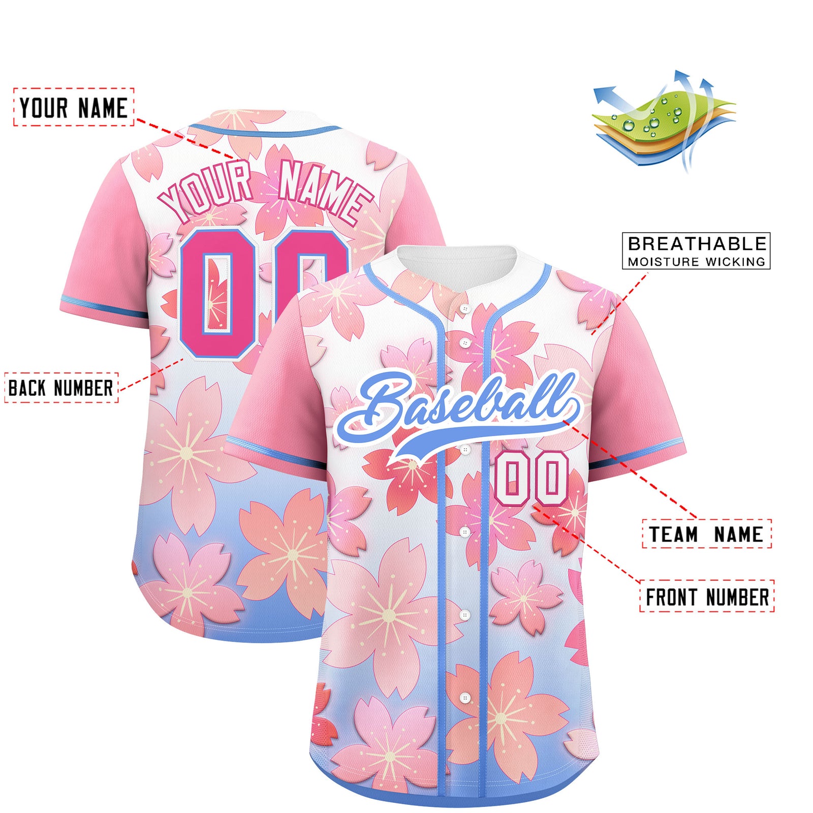 Custom Pink Powder Blue Gradient Fashion Elastic Baseball Jersey| KXKSHOP