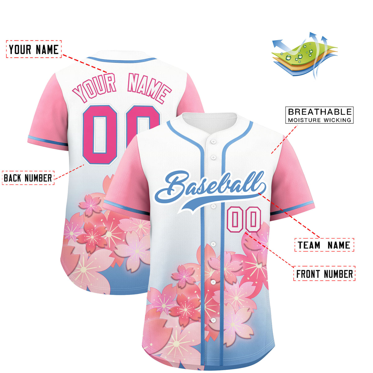 Custom Light Blue Pink Gradient Fashion Elastic Baseball Jersey| KXKSHOP