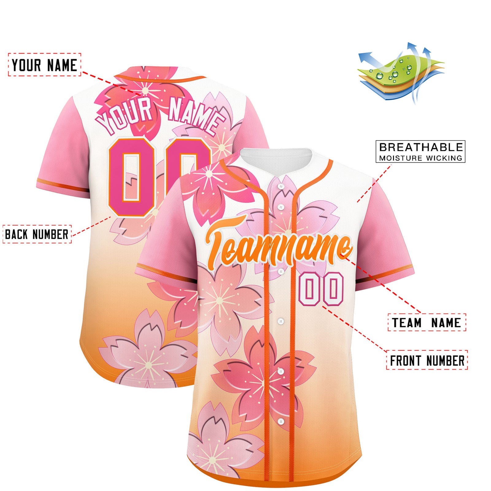 Custom Gold Orange Pink Gradient Fashion Elastic Baseball Jersey| KXKSHOP