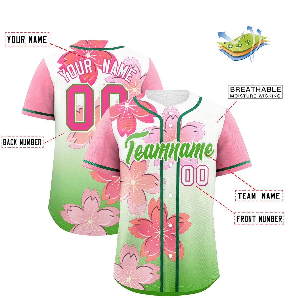 Custom Light Green Pink Gradient Fashion Elastic Baseball Jersey| KXKSHOP