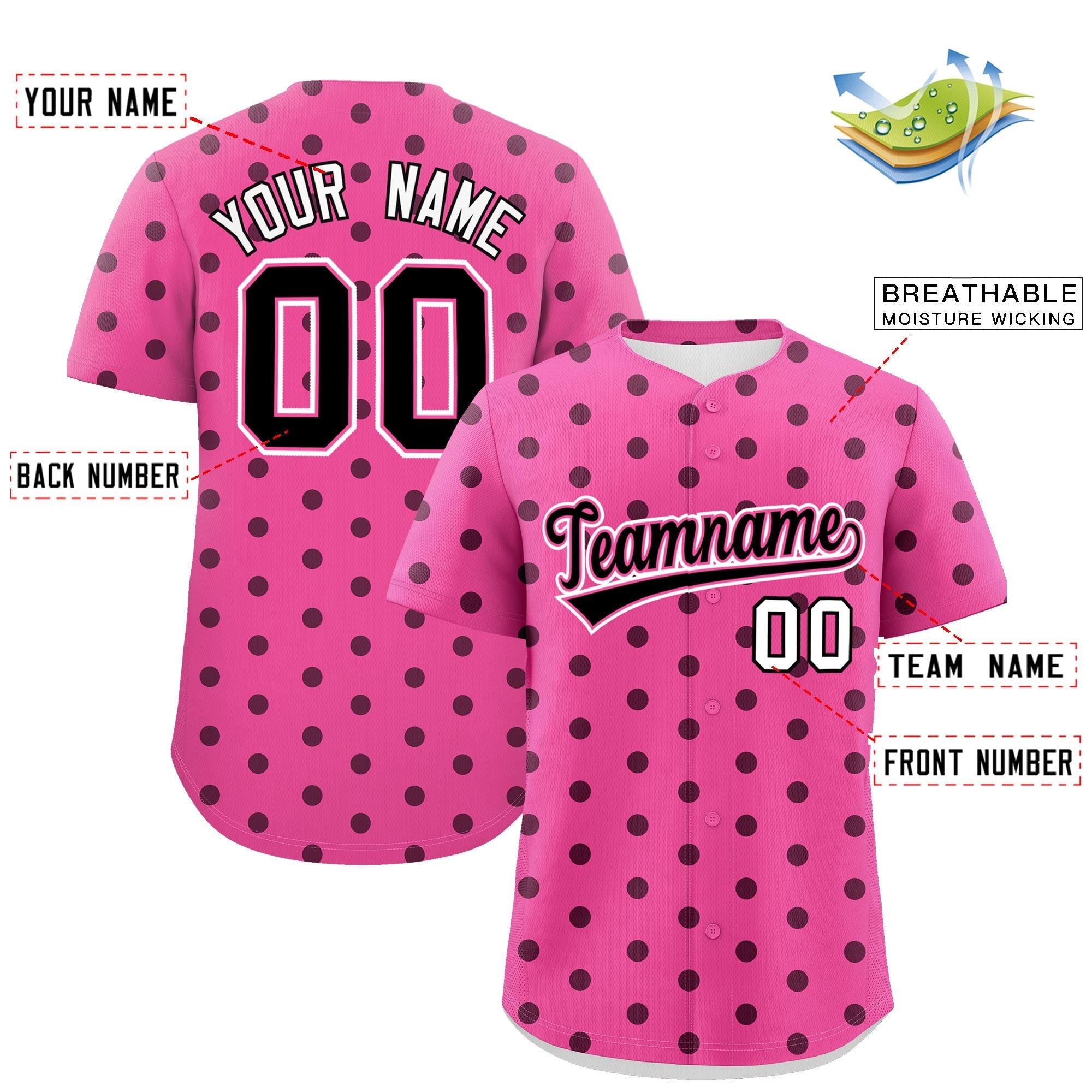 Custom Pink Black Personalized Polka Dot Graffiti Pattern Authentic Baseball Jersey