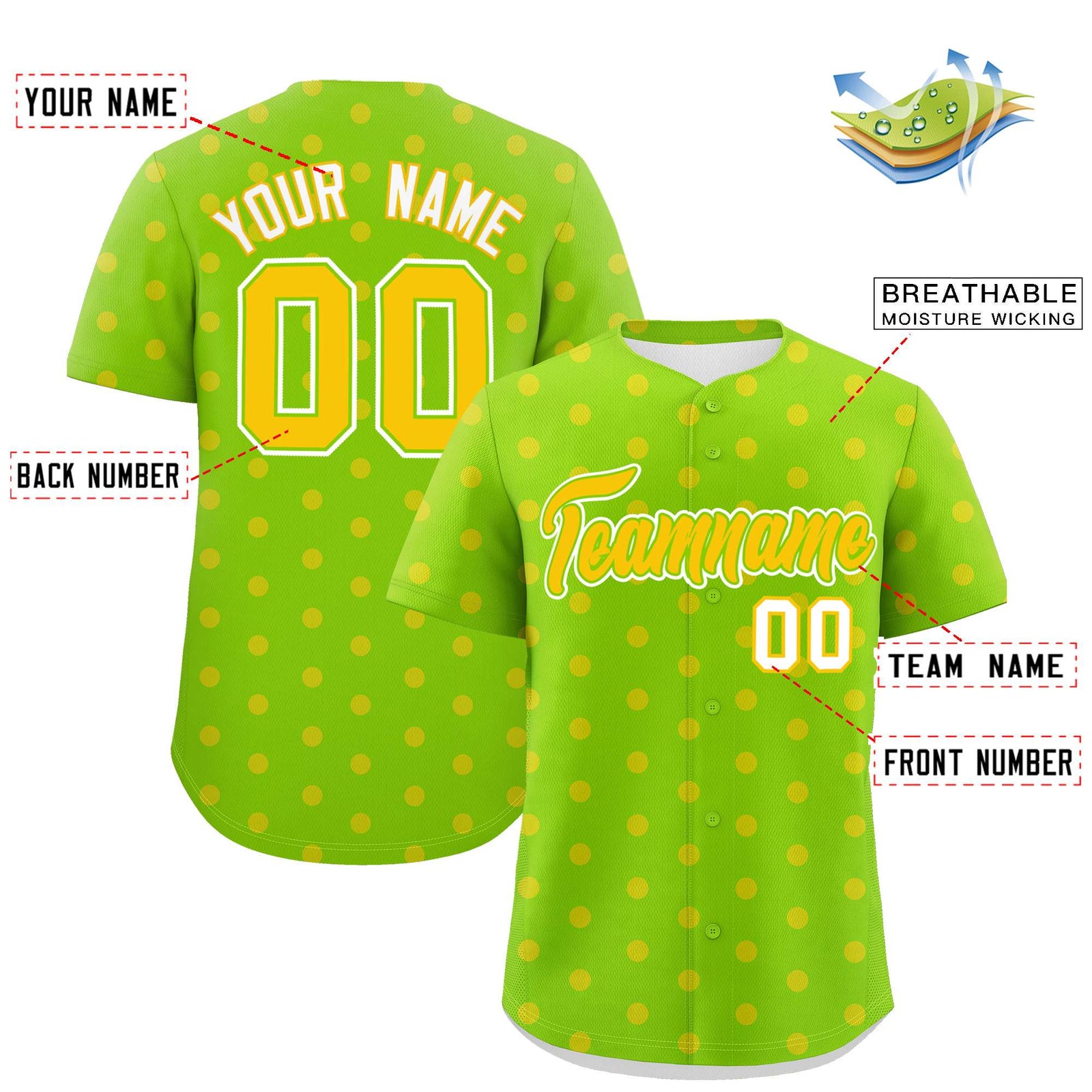 Custom Neon Green Gold Personalized Polka Dot Graffiti Pattern Authentic Baseball Jersey