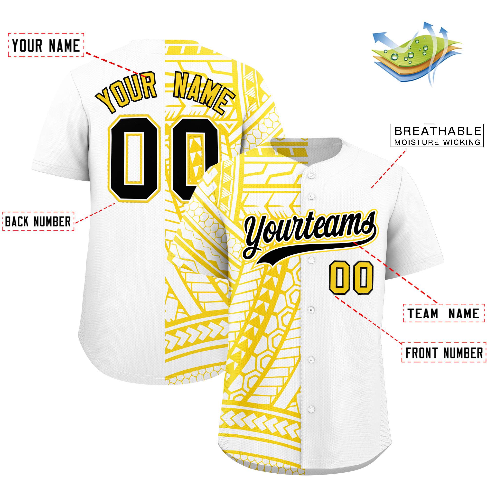 Custom White Gold Split Fashion Tribal Pattern Authentic Baseball Jersey