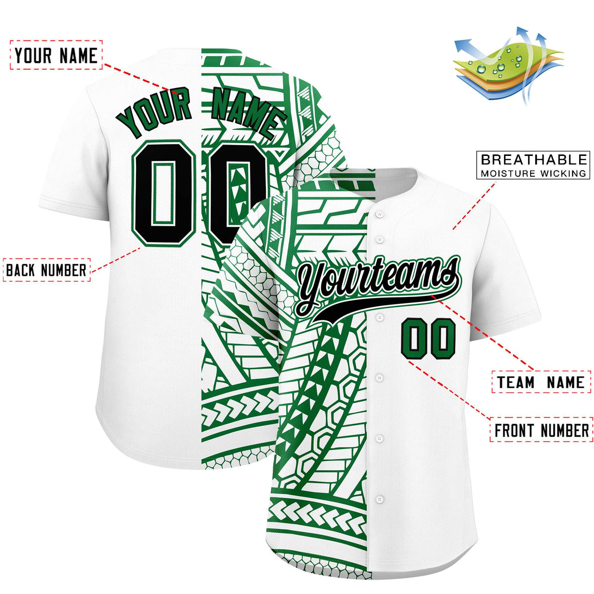 Custom White Kelly Green Split Fashion Tribal Pattern Authentic Baseball Jersey