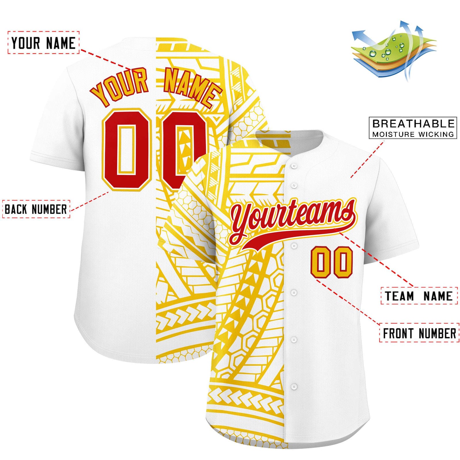 Custom White Yellow Split Fashion Tribal Pattern Authentic Baseball Jersey