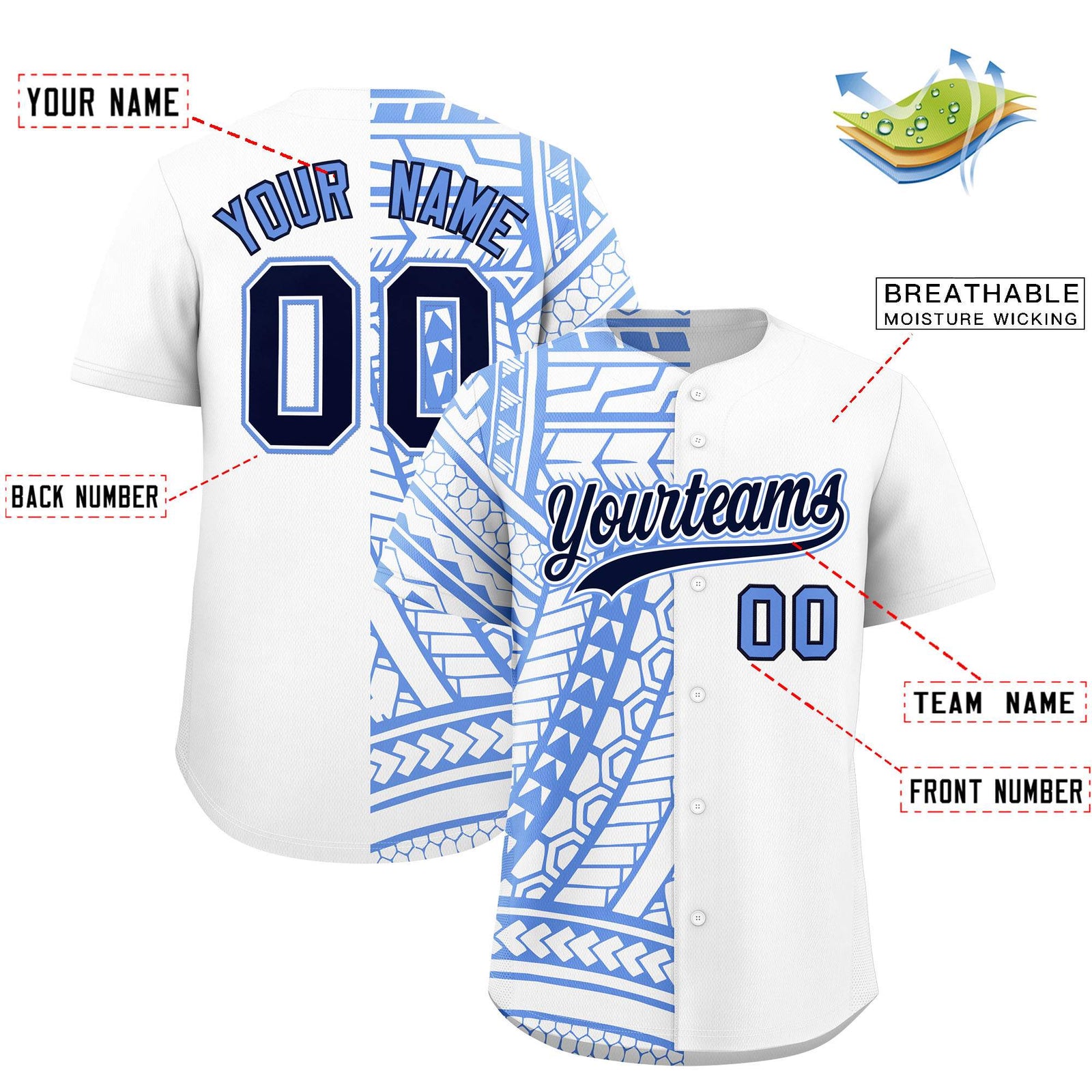 Custom Light Blue Navy Split Fashion Tribal Pattern Authentic Baseball Jersey