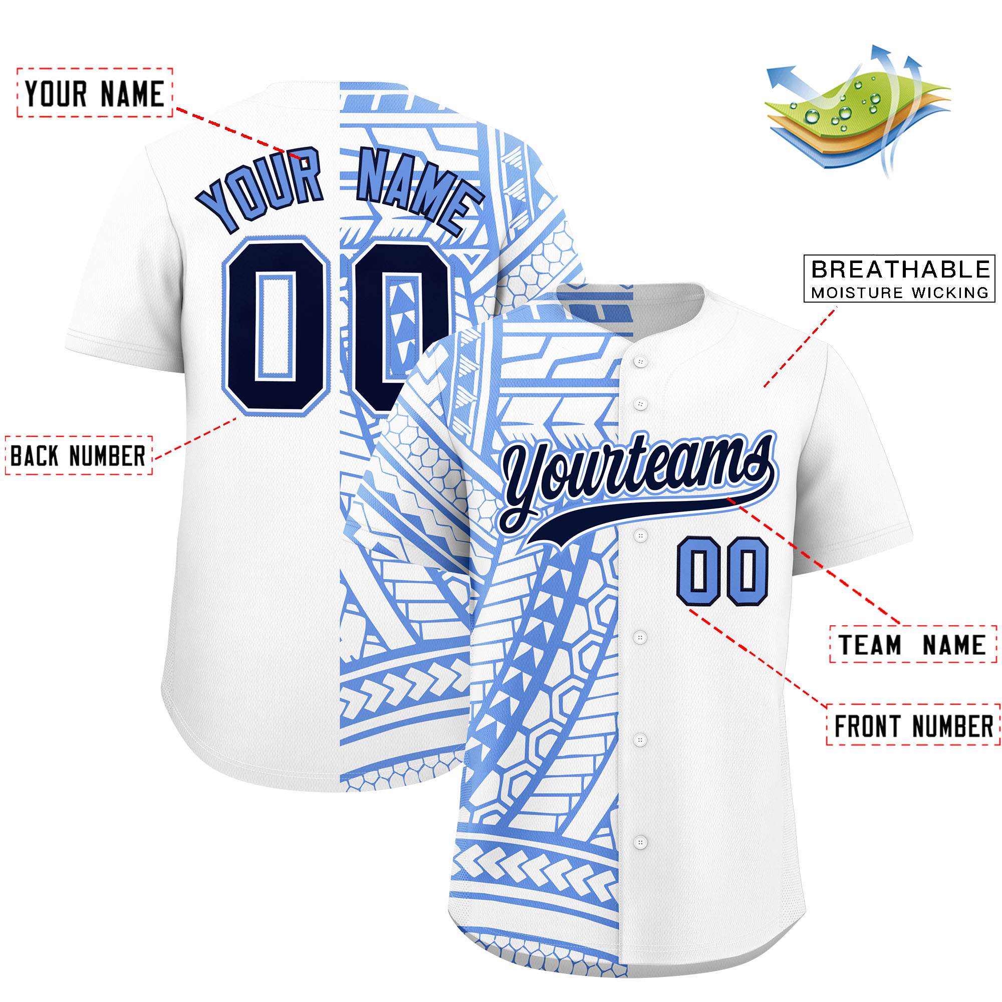 Custom Light Blue Navy Split Fashion Tribal Pattern Authentic Baseball Jersey