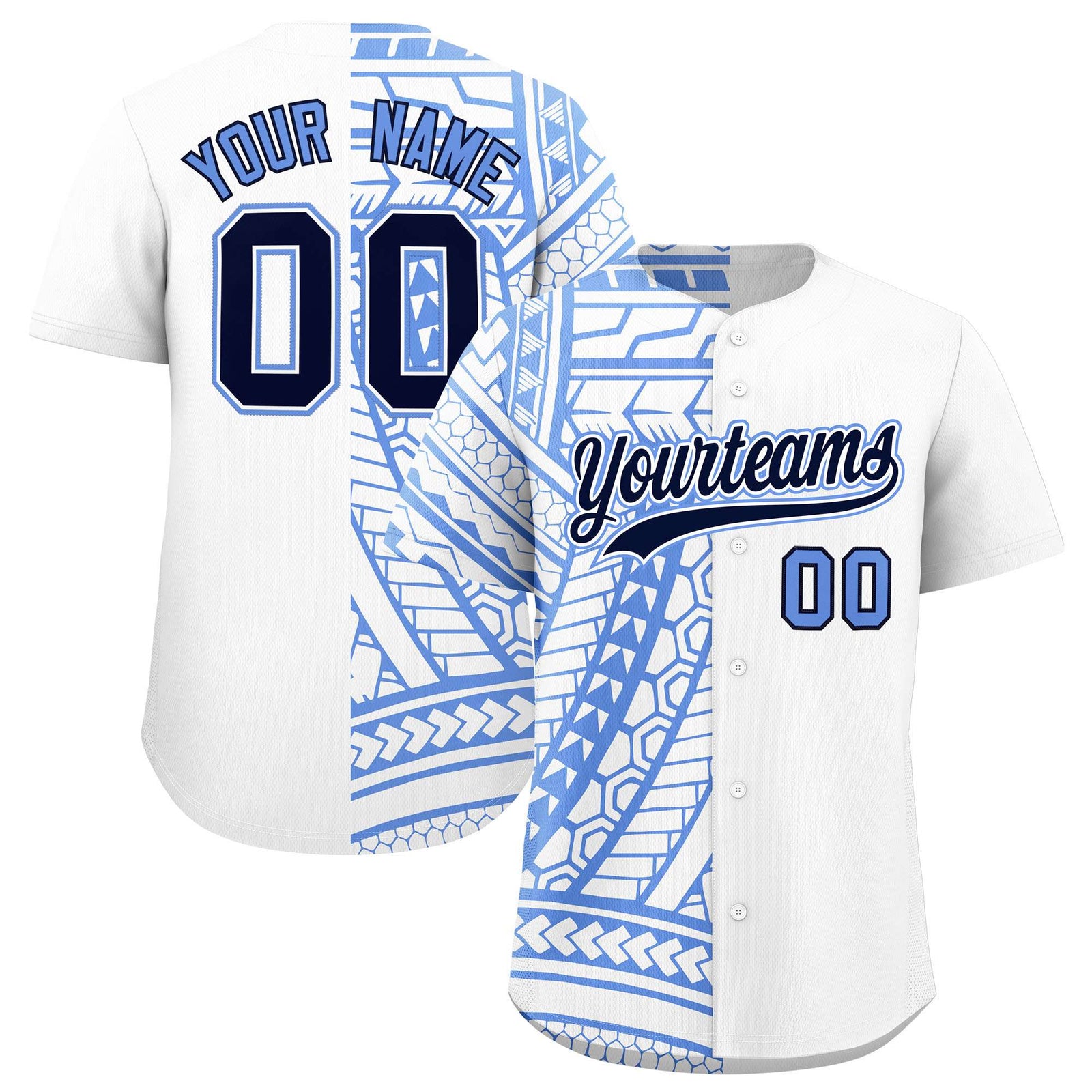 Custom Light Blue Navy Split Fashion Tribal Pattern Authentic Baseball Jersey