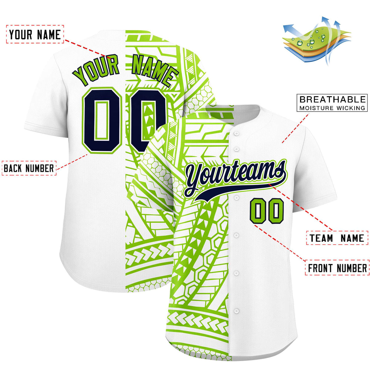 Custom White Neon Green Split Fashion Tribal Pattern Authentic Baseball Jersey