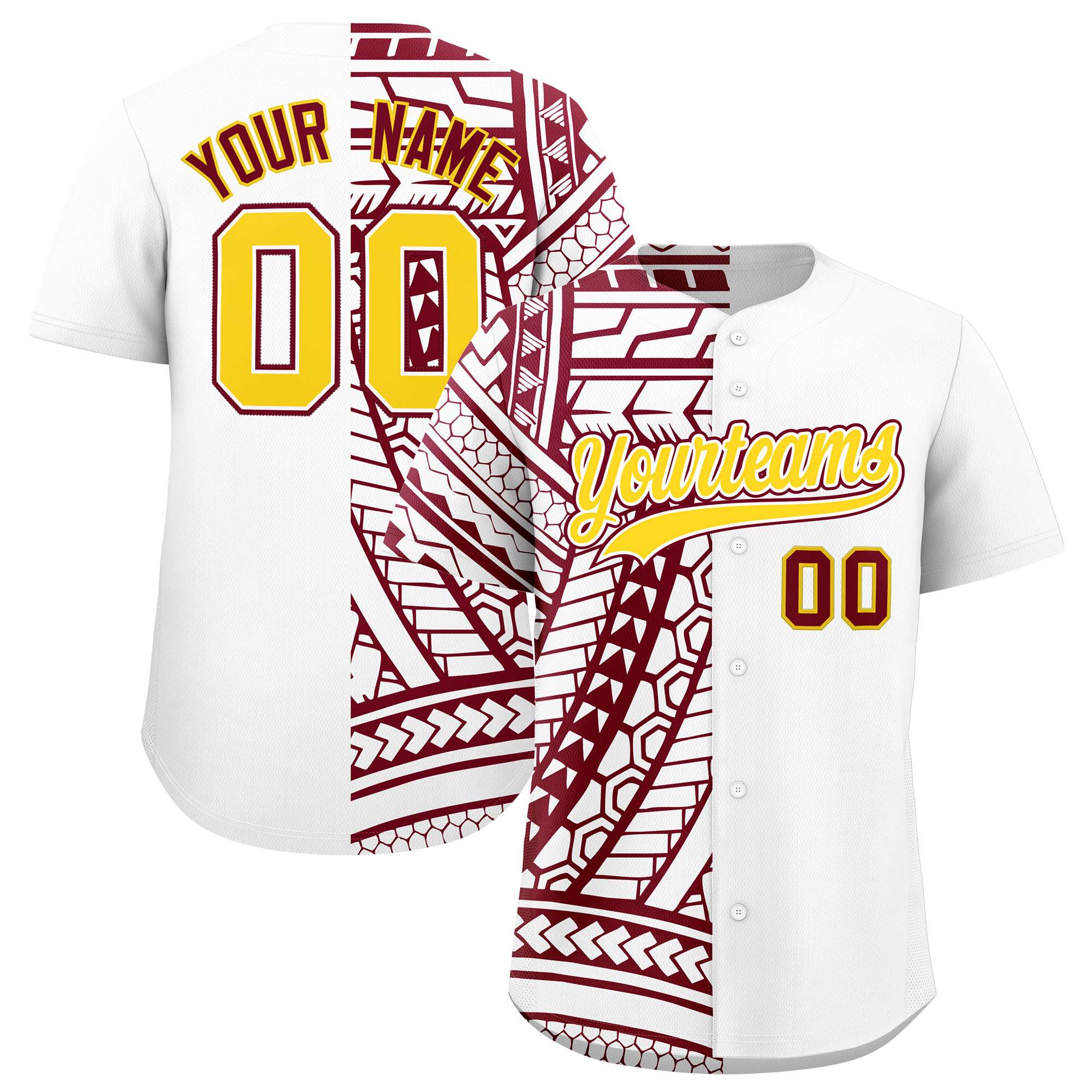 Custom White Crimson Split Fashion Tribal Pattern Authentic Baseball Jersey
