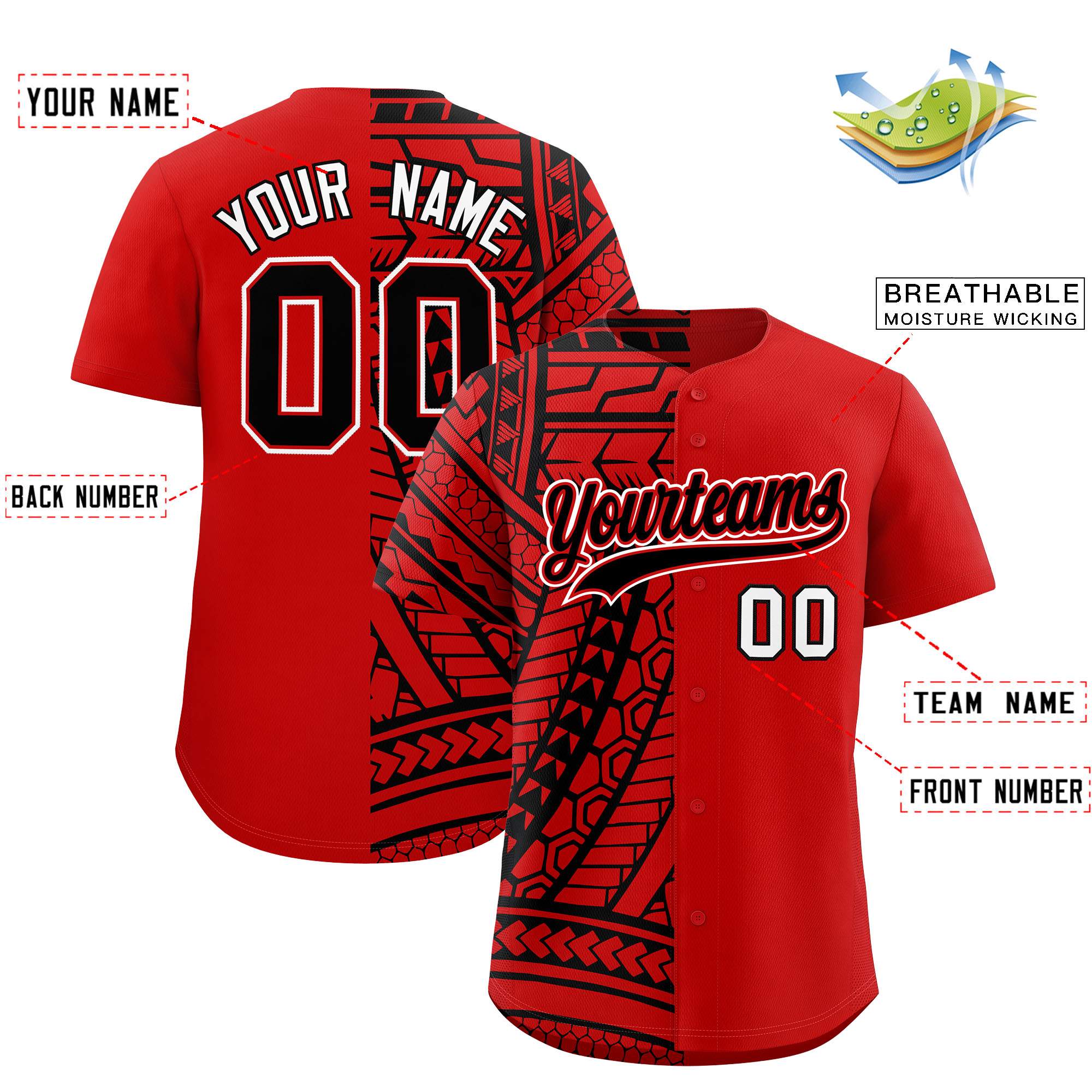 Custom Red Black Split Fashion Tribal Pattern Authentic Baseball Jersey