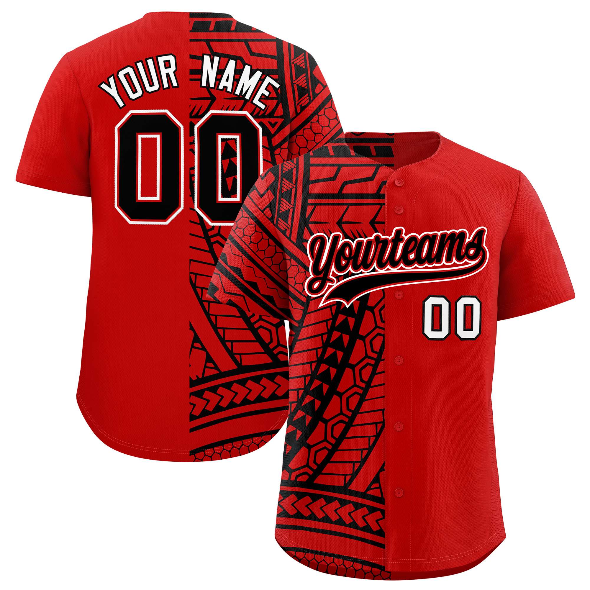 Custom Red Black Split Fashion Tribal Pattern Authentic Baseball Jersey