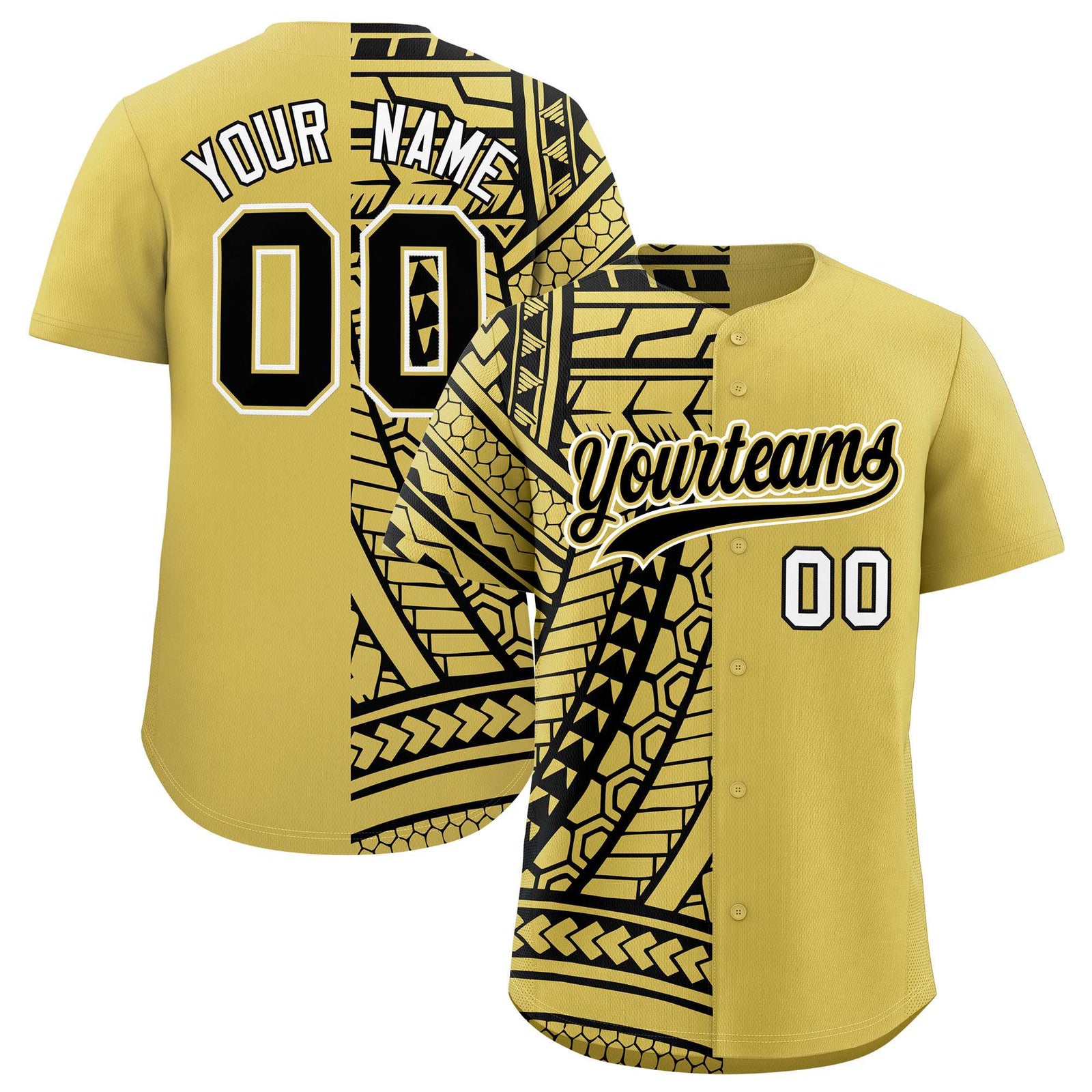 Custom Old Gold Black Split Fashion Tribal Pattern Authentic Baseball Jersey