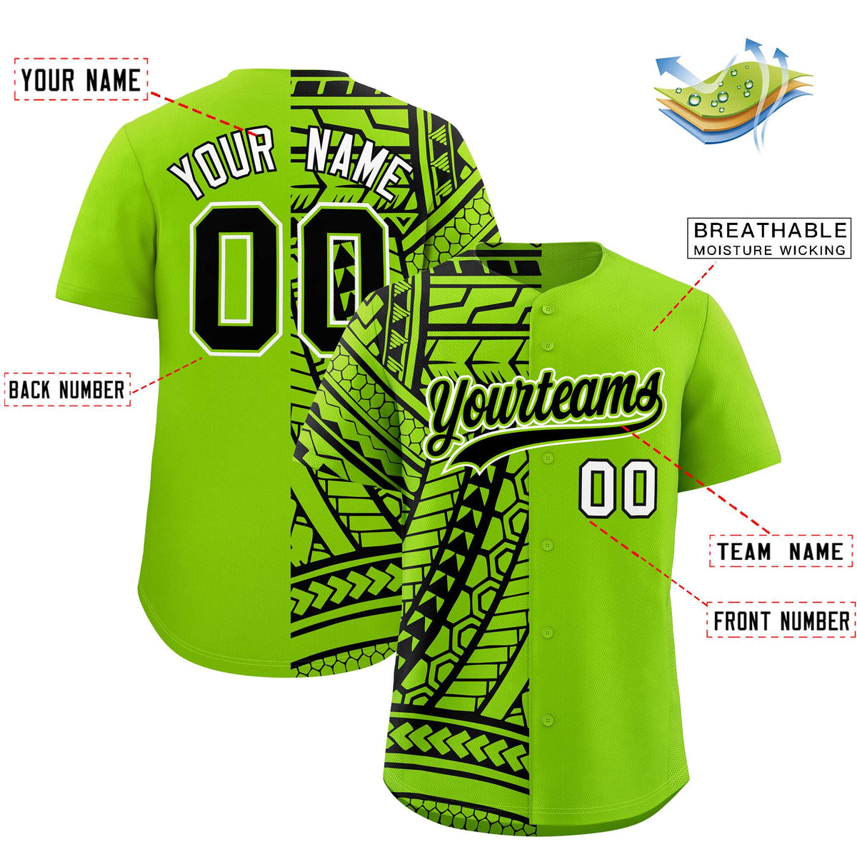Custom Black Neon Green Split Fashion Tribal Pattern Authentic Baseball Jersey