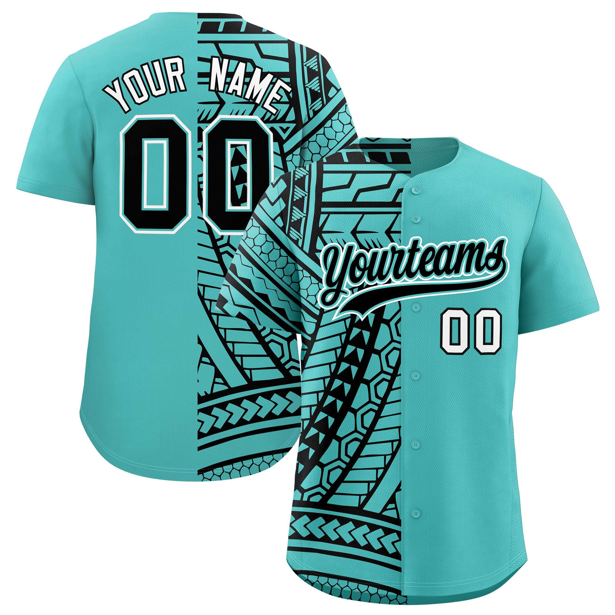 Custom Aqua Black Split Fashion Tribal Pattern Authentic Baseball Jersey