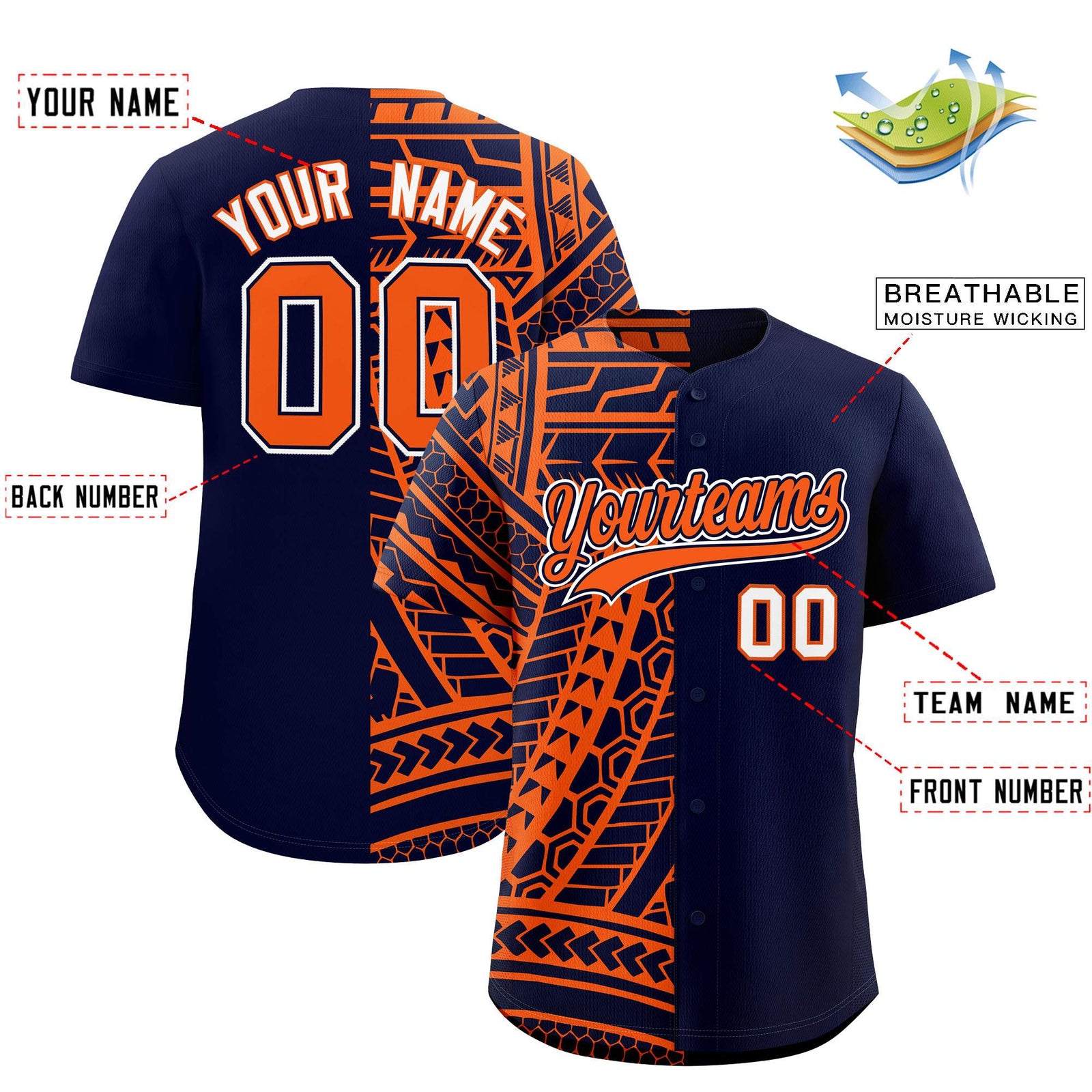 Custom Navy Orange Split Fashion Tribal Pattern Authentic Baseball Jersey