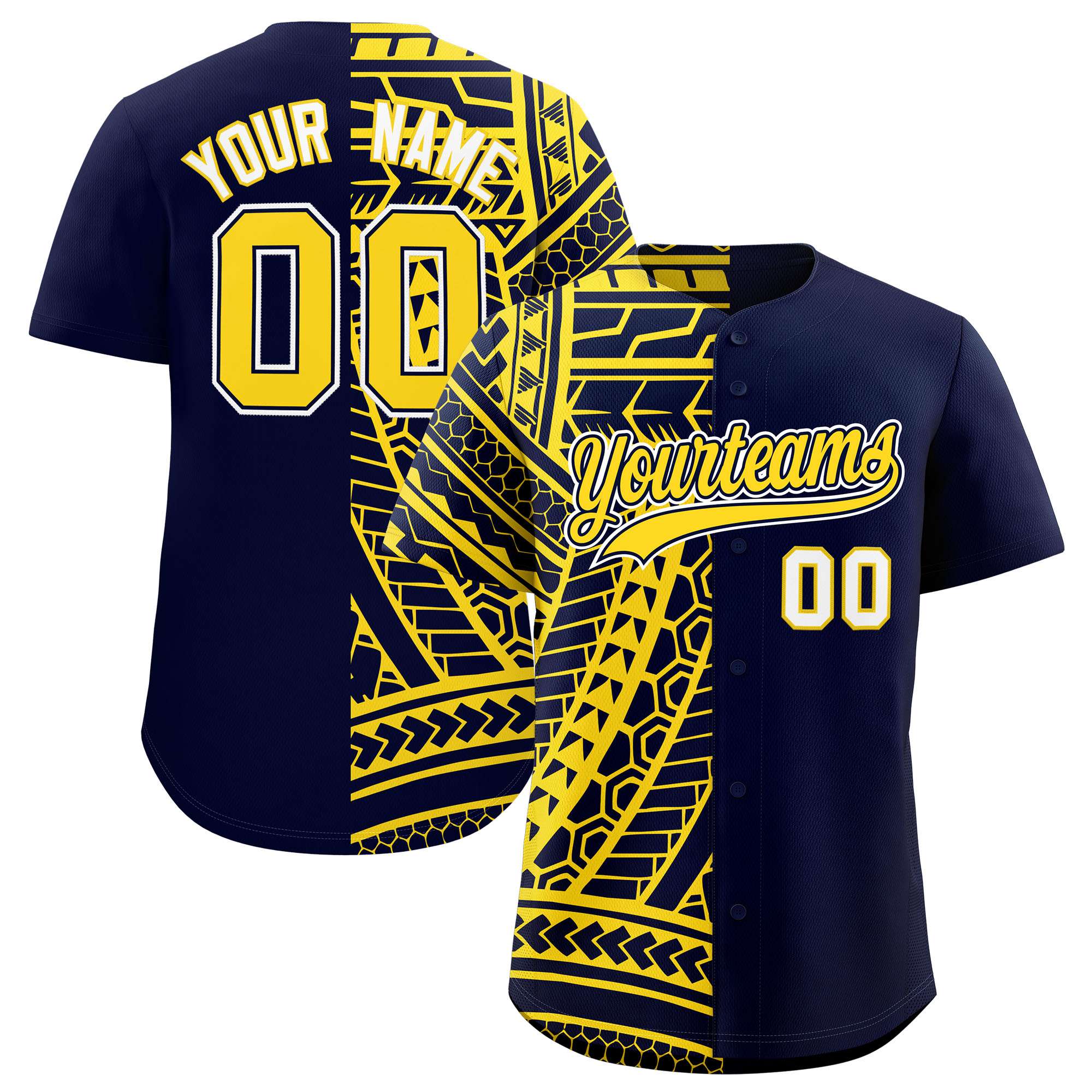Custom Navy Gold Split Fashion Tribal Pattern Authentic Baseball Jersey